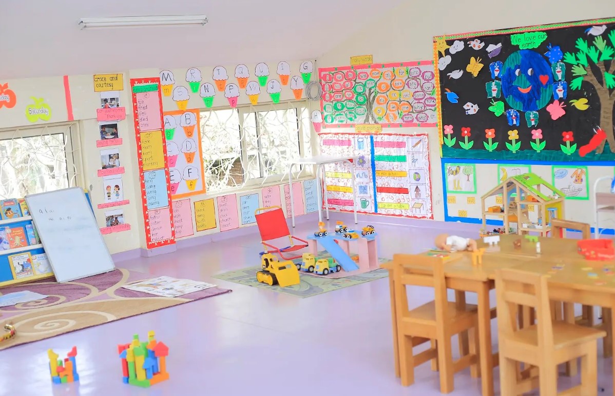 Kissyfur classroom with small tables, chairs and learning displays